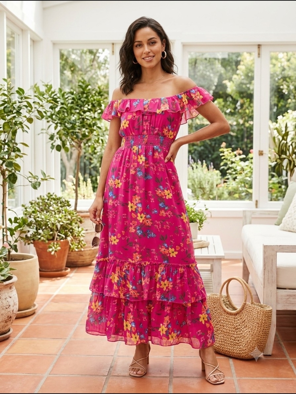 Old Navy Chiffon Ruffle Fuchsia Floral Maxi Dress - XS